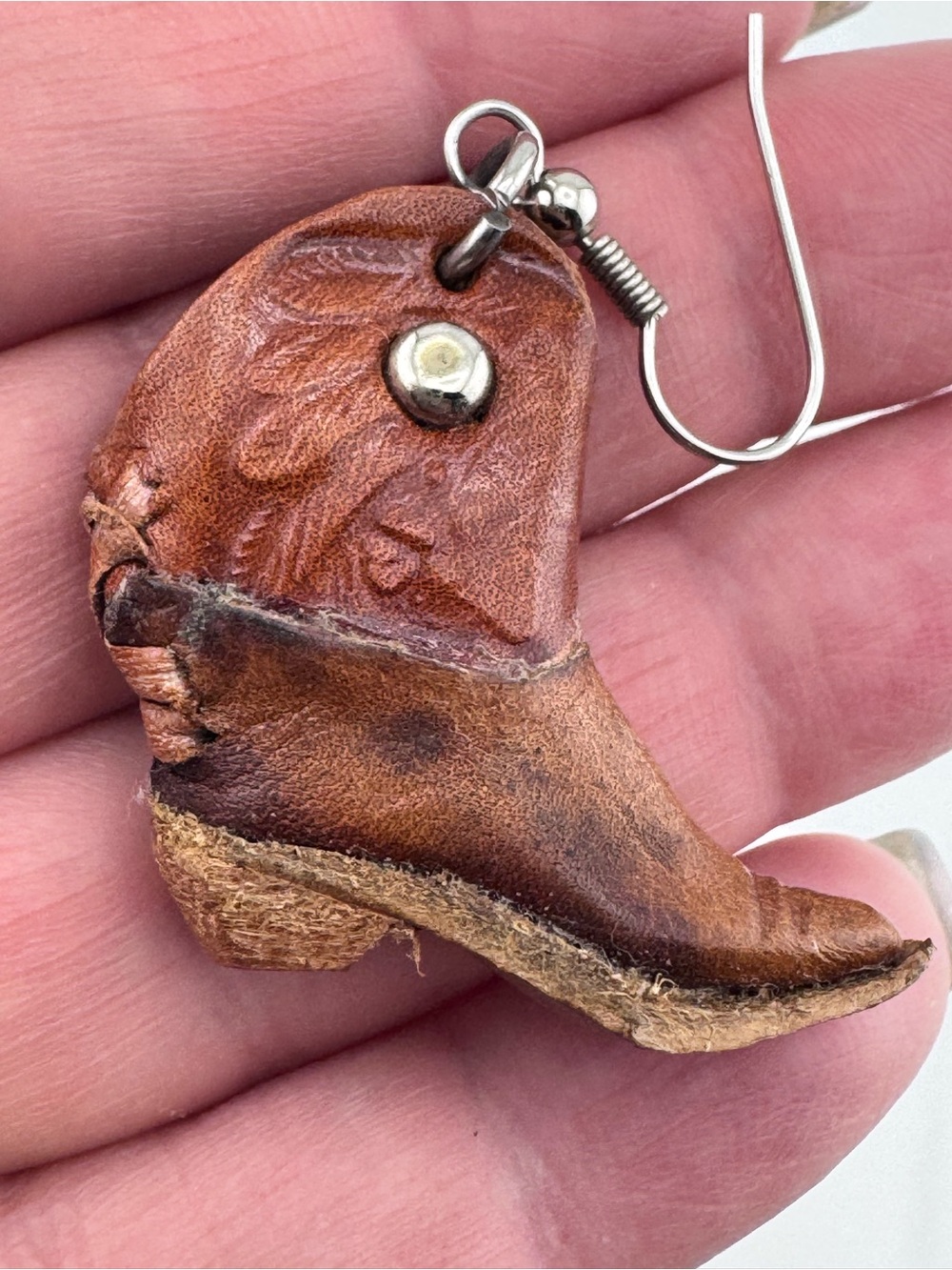 Brown Leather Cowboy Boot Earrings Western Cowgirl Tooled Dangle Jewelry - Picture 10 of 16